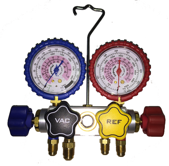 Imperial 800 Gauges Four Valve Manifold 60" Hoses R410a- 5/16" W/ 3/8 Vac Hose SAE