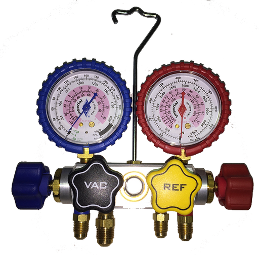 Imperial 800 Gauges Four Valve Manifold 60" Hoses R410a- 5/16" W/ 3/8 Vac Hose SAE
