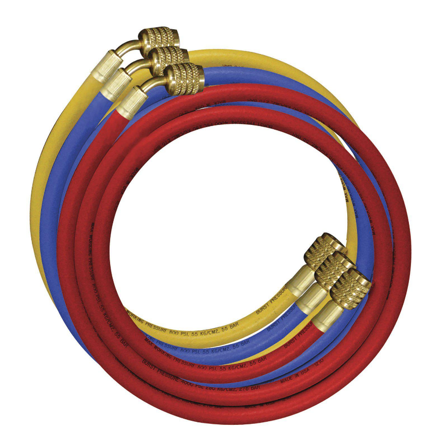 Refrigerant charging hose set for controlled charging, clean purging, and leak-free connections